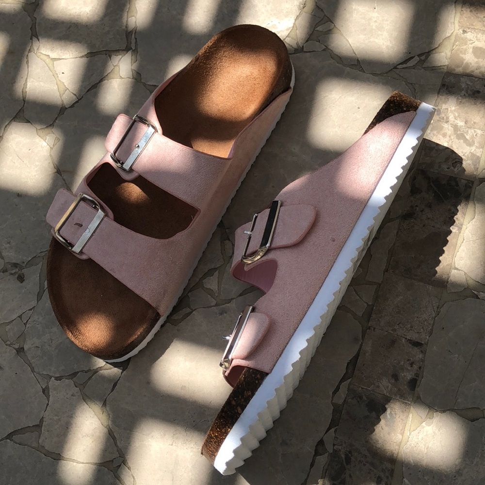 Two Strap Buckle Slide Sandals